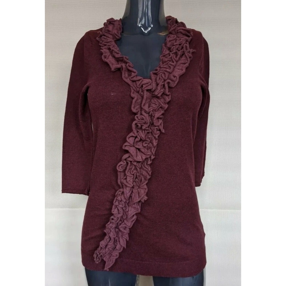 Anthropologie Women's Casual Ruffle V Neck Top 3/4 Sleeve Size Small‎ Stretch